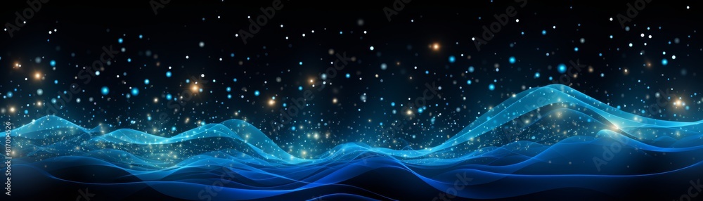 Fototapeta premium Blue and gold glowing particles form waves against a black background.