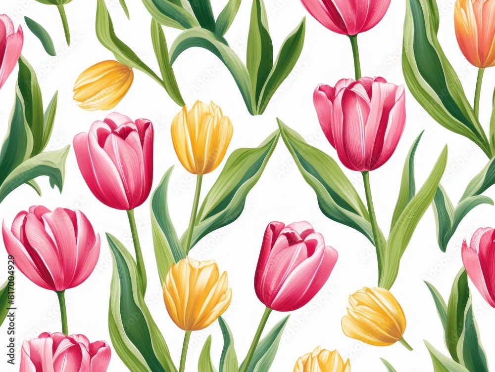 Pink and yellow tulips seamless pattern. Floral background. Pink and yellow tulips seamless pattern. Floral background.