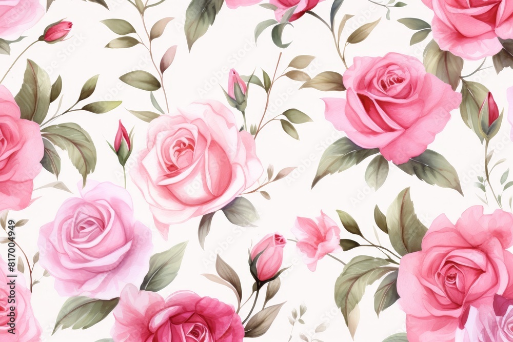 Pink roses and green leaves seamless pattern.