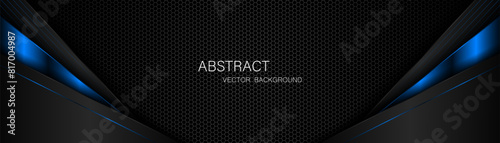 Abstract black and blue polygon with blue glow lines on dark steel mesh background with free space for design. modern technology innovation concept background