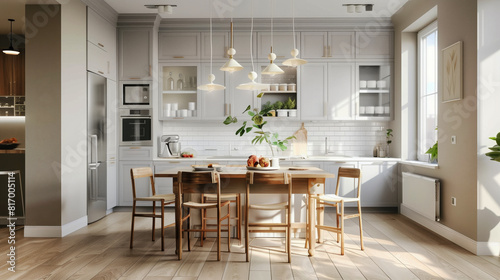 Modern kitchen interior with light cabinetry  wooden flooring  a central island with wooden chairs  and hanging pendant lights. The room is bright with natural light from a large window.
