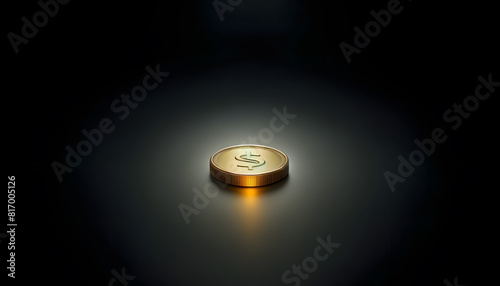 oncept of luck, featuring a shiny gold coin standing on its edge on a reflective surface. photo
