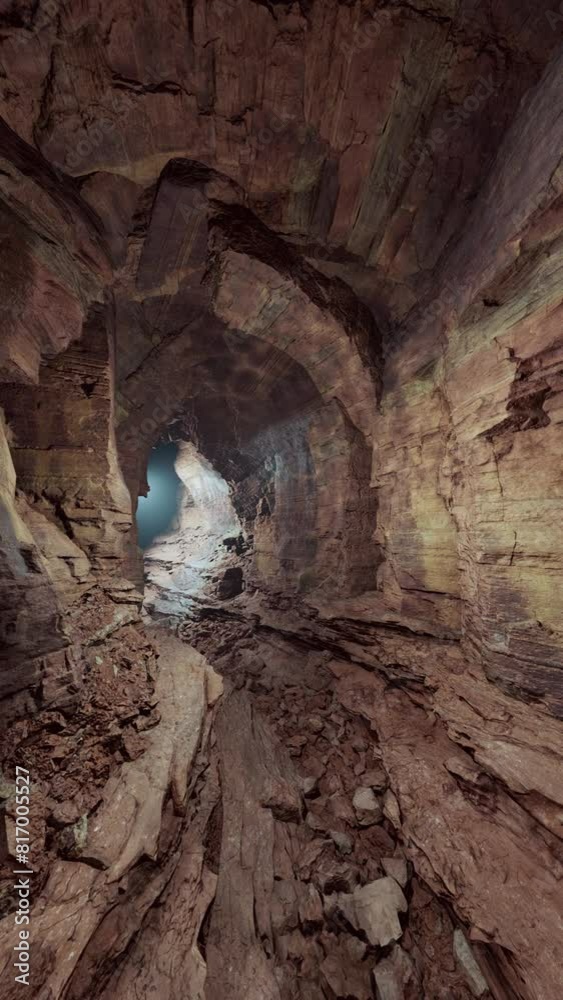 A large cave illuminated by a blue light shining through its entrance, casting a mystical glow on the rocks inside. A large cave illuminated by a blue light shining through its entrance, casting a mystical glow on the rocks inside.
