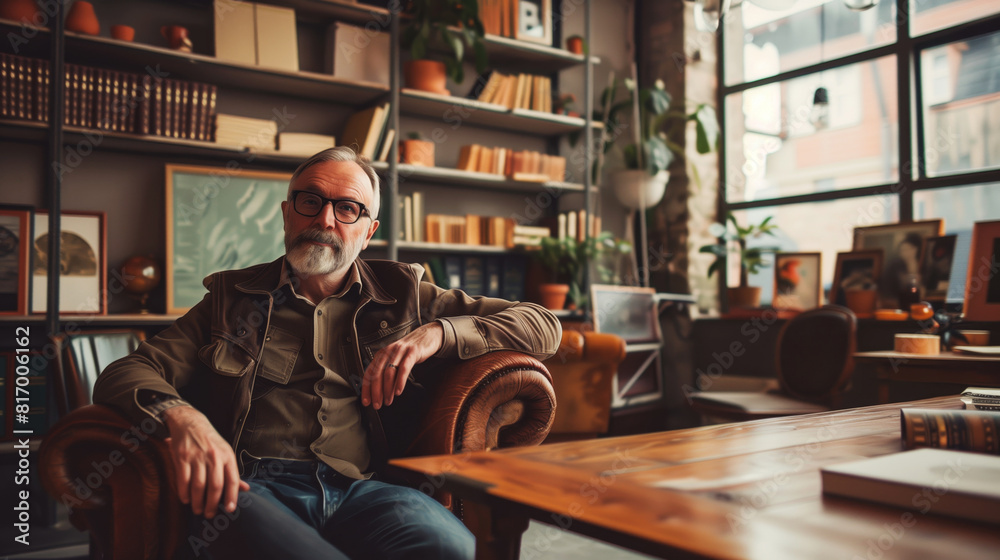 A man with a beard and glasses sits relaxed in a leather chair in a cozy, stylish library filled with books and plants, by a large window with natural light. A man with a beard and glasses sits relaxed in a leather chair in a cozy, stylish library filled with books and plants, by a large window with natural light.