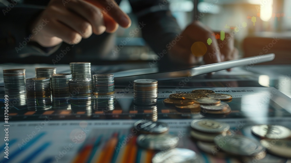 A businessman examining a trading chart on a digital tablet with a stack of silver coins and financial documents spread out on a desk. 
