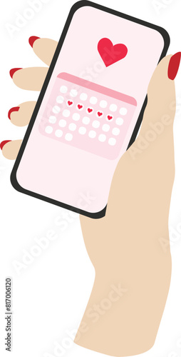 Woman hand holding phone with period tracking app. Female period tracker