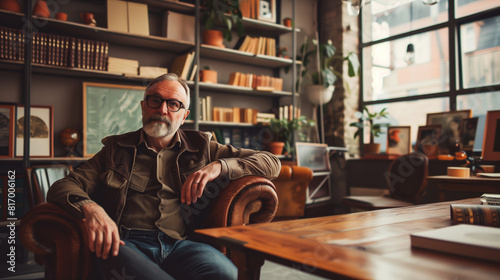 A man with a beard and glasses sits relaxed in a leather chair in a cozy  stylish library filled with books and plants  by a large window with natural light.