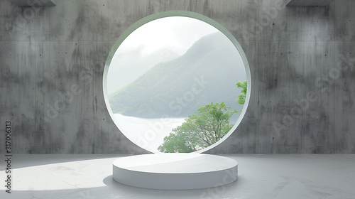 3d render of empty concrete room with large circle window and round podium for product presentation on nature background.