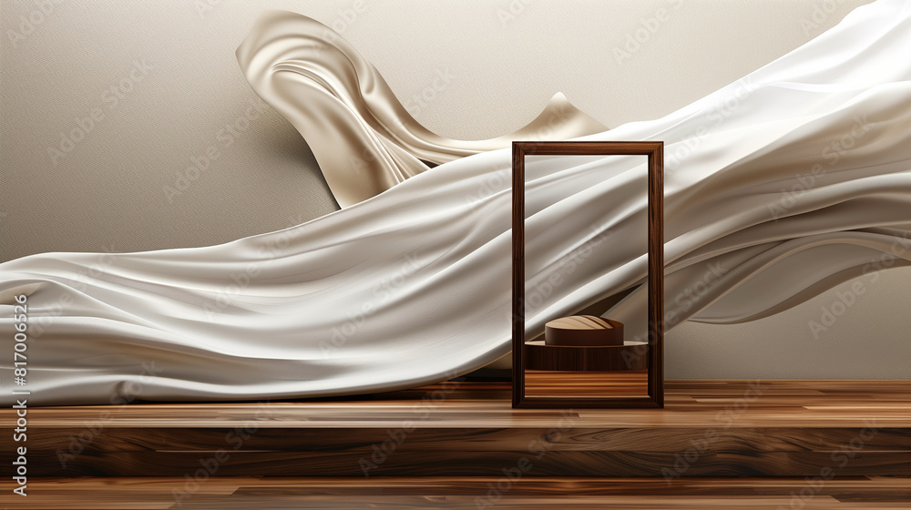 3D display podium, brown background with wood frame pedestal and flying silk cloth curtain. Nature wind. Beauty, cosmetic product presentation stand. Luxury feminine mockup 3d render advertisement. 3D display podium, brown background with wood frame pedestal and flying silk cloth curtain. Nature wind. Beauty, cosmetic product presentation stand. Luxury feminine mockup 3d render advertisement.
