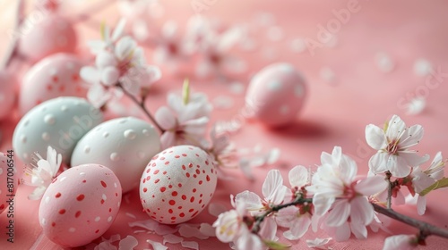 Elegant Easter celebration setting with pastel colored eggs and blooming cherry blossoms on a soft pink background