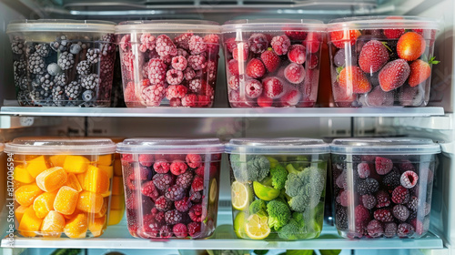 Frozen berries and healthy vegetables in plastic containers on the freezer shelves in refrigerator