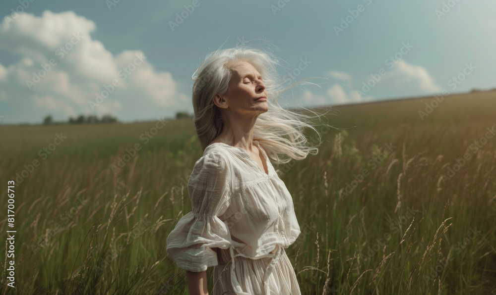 Senior lady standing in the field with hair blowing in the wind Self healing and contemplation concepts Senior lady standing in the field with hair blowing in the wind Self healing and contemplation concepts