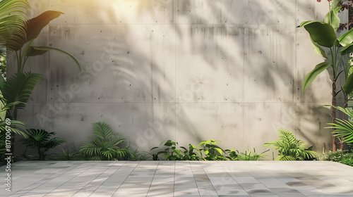 Empty exterior concrete wall with tropical style garden 3d render decorate with tropical style tree  sunlight on the wall.