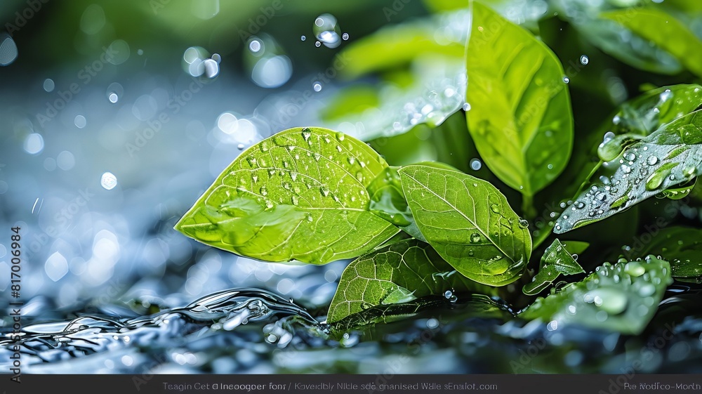 Raindrops falling on green leaves in the forest