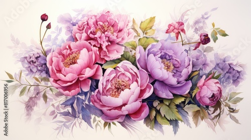 Whimsical watercolor artwork capturing the beauty of a blooming peony garden in shades of blush pink and deep magenta
