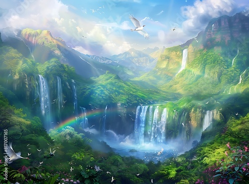 beautiful fantasy background of lush green mountains, blue sky with a rainbow and sun rays, sparkling waterfalls, beautiful white cranes flying in the air, wildflowers on the ground, © Alia