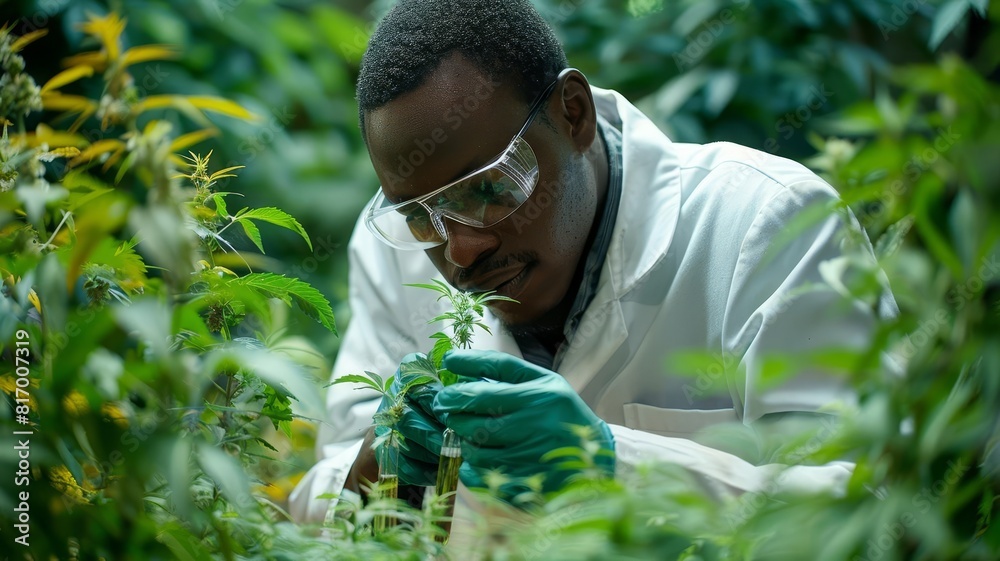 A scientist wearing a lab coat and safety glasses examines a cannabis plant in a greenhouse. A scientist wearing a lab coat and safety glasses examines a cannabis plant in a greenhouse.