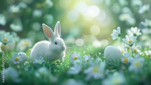 Enchanting spring scene with a white rabbit amidst blooming flowers and a gentle sunlight filtering through