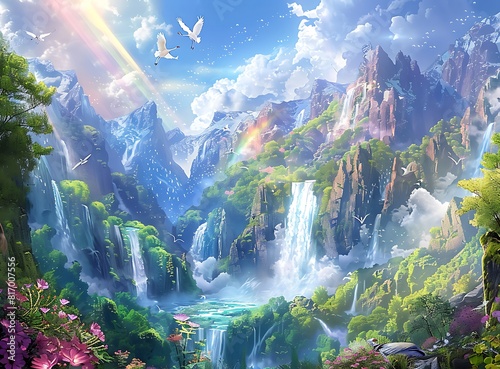 beautiful fantasy background of lush green mountains, blue sky with a rainbow and sun rays, sparkling waterfalls, beautiful white cranes flying in the air, wildflowers on the ground,  photo