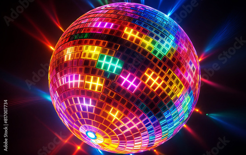 3d illustration render of a large disco ball reflects rainbow colors and is surrounded by bright beams of light