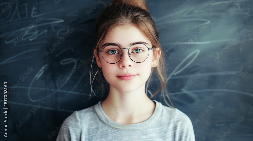Portrait of a young girl with glasses standing in front of a chalkboard with scribbles. She has straight brown hair pulled back and is wearing a casual grey shirt. Portrait of a young girl with glasses standing in front of a chalkboard with scribbles. She has straight brown hair pulled back and is wearing a casual grey shirt.