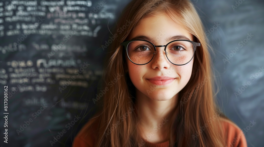 A young girl with long hair and glasses, smiling in front of a chalkboard filled with writing. She appears to be in a learning environment, possibly a classroom. A young girl with long hair and glasses, smiling in front of a chalkboard filled with writing. She appears to be in a learning environment, possibly a classroom.