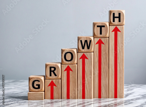 3d render illustration of a wooden blocks arranged in a stairway shape with the text word GROWTH with  red arrows pointing upwards on four of the blocks
