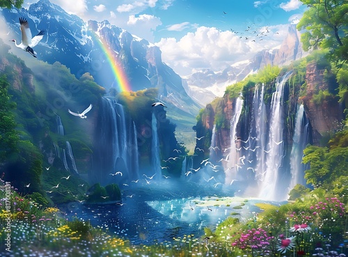 beautiful fantasy background of lush green mountains, blue sky with a rainbow and sun rays, sparkling waterfalls, beautiful white cranes flying in the air, wildflowers on the ground,  photo