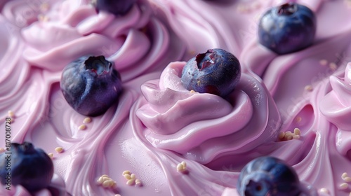 Luscious purple and pink whipped cream swirls adorned with fresh blueberries and tiny sesame seeds in a delightful dessert scene