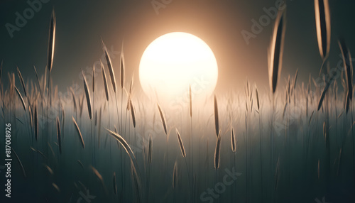 all grass at sunset. soft light illuminating the delicate tips of the grass blades, casting subtle shadows.