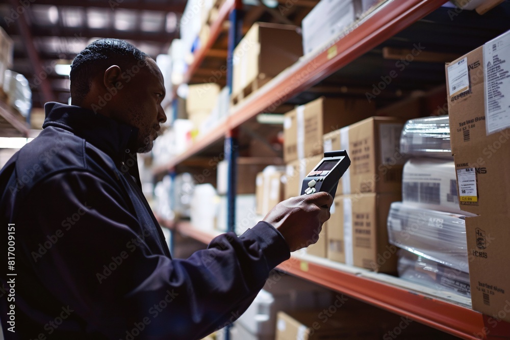 A man standing in a warehouse, using a cell phone to make a call or send a message A man standing in a warehouse, using a cell phone to make a call or send a message