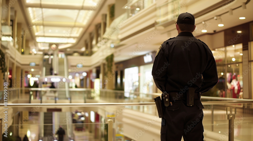 A security guard in uniform patrols the upper level of a shopping mall, overlooking the escalator and lower levels. The mall is well-lit and features various retail stores. A security guard in uniform patrols the upper level of a shopping mall, overlooking the escalator and lower levels. The mall is well-lit and features various retail stores.