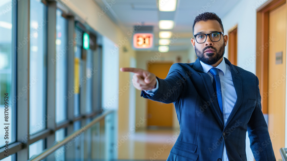 A serious man in a suit and tie points forward while standing in a brightly lit hallway with windows and doors along the sides. A serious man in a suit and tie points forward while standing in a brightly lit hallway with windows and doors along the sides.