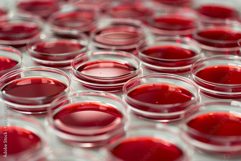 Cell culture dishes front view, developing meat from stem cells, cuttingedge gastronomy, advanced tone, Monochromatic Color Scheme Cell culture dishes front view, developing meat from stem cells, cuttingedge gastronomy, advanced tone, Monochromatic Color Scheme