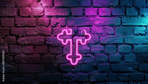 Video footage of Pink glowing Christian Cross neon icon on brick wall background. Looped Neon Lines abstract on black background.Laser Pictogram animation. Seamless loop