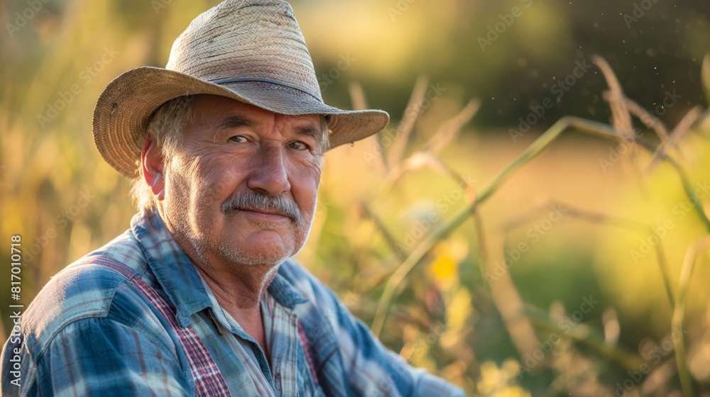 Obraz premium Elderly Farmer in Sunny Rural Field