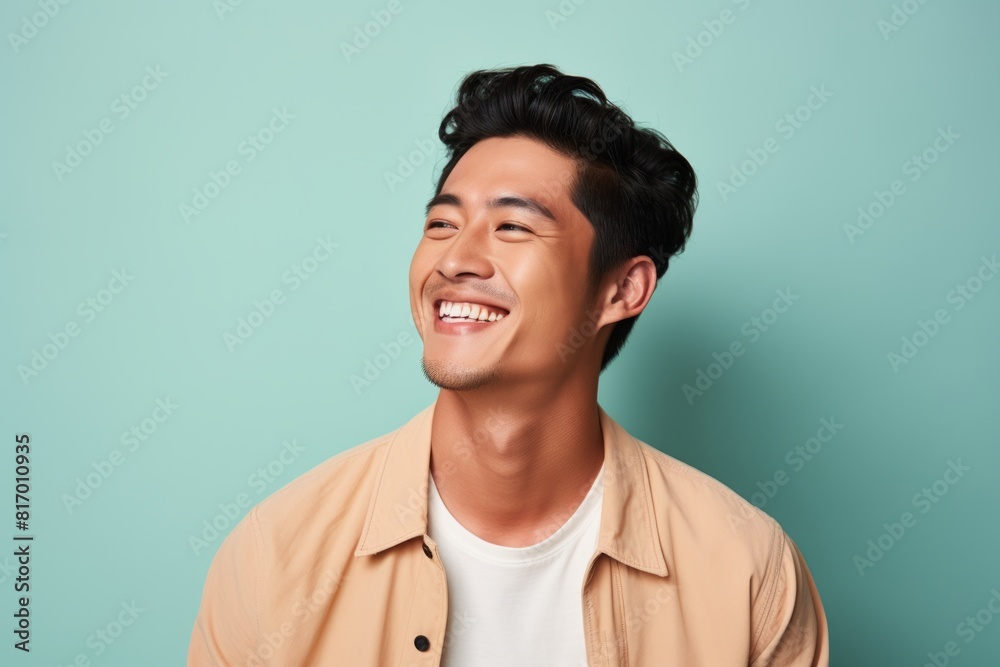 Portrait of a blissful asian man in his 20s smiling at the camera over pastel or soft colors background Portrait of a blissful asian man in his 20s smiling at the camera over pastel or soft colors background