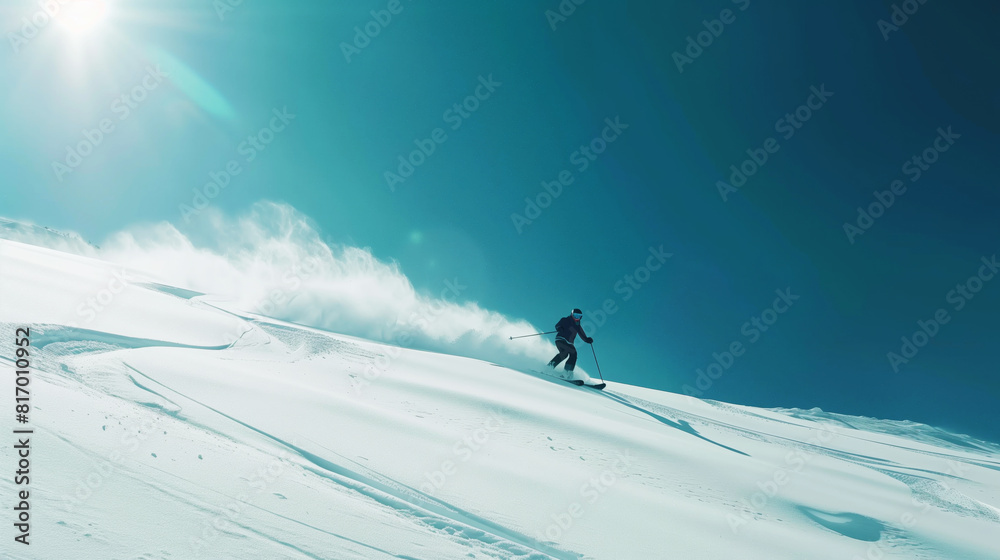 A skier descends a pristine, snowy slope on a clear, sunny day, leaving trails in the powdery snow. The bright sun and the cloudless sky enhance the scene's tranquility.