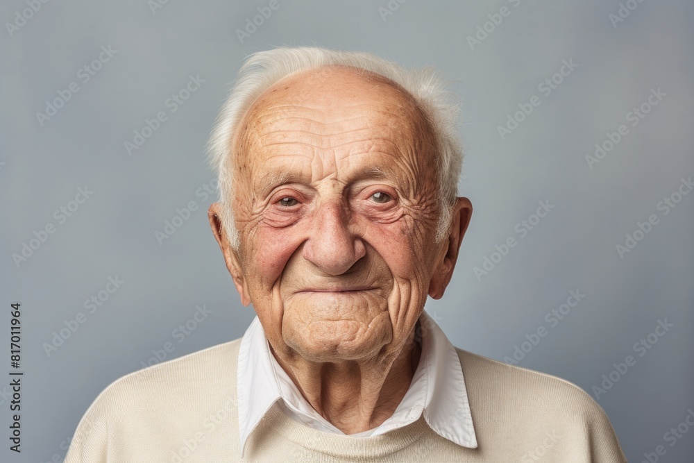 Portrait of a glad elderly 100 years old man smiling at the camera in front of pastel or soft colors background Portrait of a glad elderly 100 years old man smiling at the camera in front of pastel or soft colors background