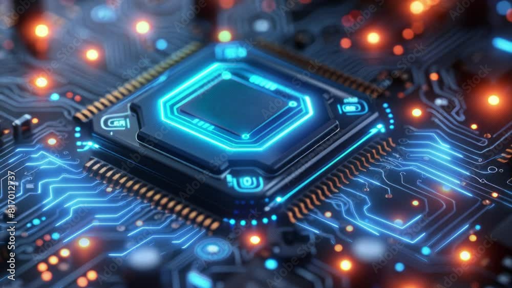 Close-up of a microchip with intricate blue and orange circuitry on a motherboard Close-up of a microchip with intricate blue and orange circuitry on a motherboard