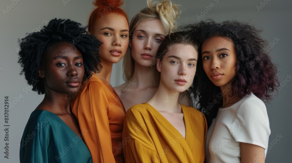 Group of multiracial women standing confidently in a studio, focus on diverse beauty, theme of unity, hyper-realistic, Blend mode, grey backdrop Group of multiracial women standing confidently in a studio, focus on diverse beauty, theme of unity, hyper-realistic, Blend mode, grey backdrop