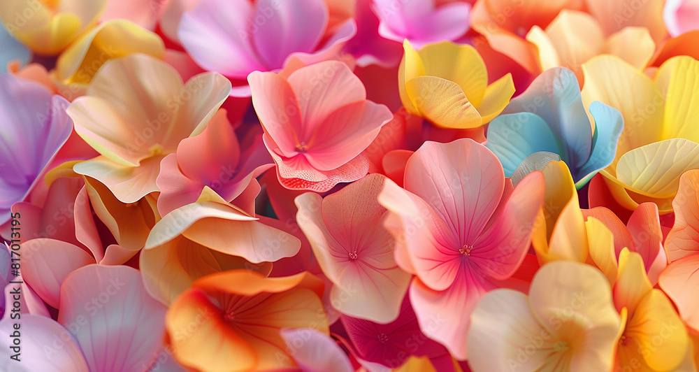 collection of colorful petals of flowers spread in 3d