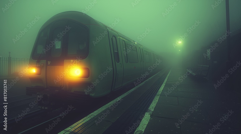 Naklejka premium Dimly lit train platform with a single subway car waiting under fluorescent lights