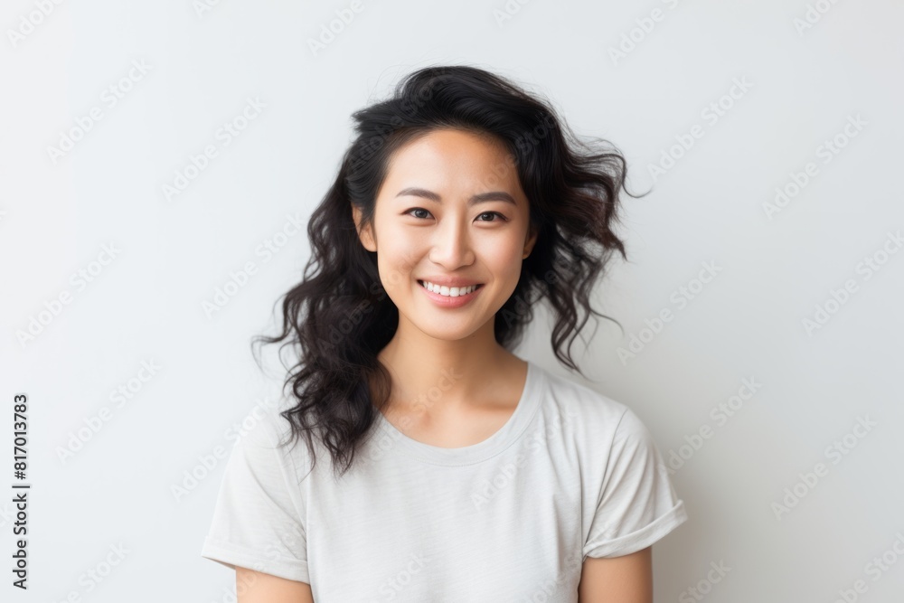 Portrait of a content asian woman in her 30s smiling at the camera in front of minimalist or empty room background Portrait of a content asian woman in her 30s smiling at the camera in front of minimalist or empty room background