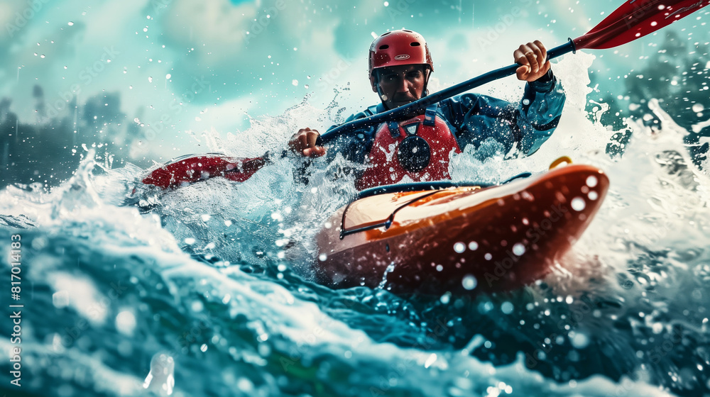 Obraz premium A kayaker wearing a red helmet and life jacket navigates through rough waters with splashes and strong waves, showcasing a thrilling adventure and water sport.