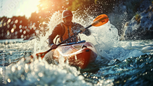 A kayaker wearing a helmet and life jacket is paddling through strong, splashing water under sunlight. The dynamic action and water droplets convey excitement and adventure. photo
