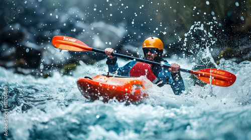A kayaker navigates through turbulent whitewater rapids, splashing water around. They are wearing a helmet, sunglasses, and protective gear, focused on maintaining control. © Natalia