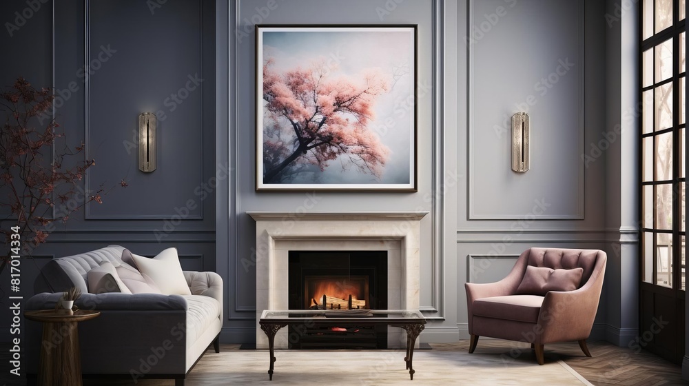 Fototapeta premium An elegant living room setting featuring a blank wall above a vintage fireplace, perfect for envisioning mantel art displays or sophisticated home decor