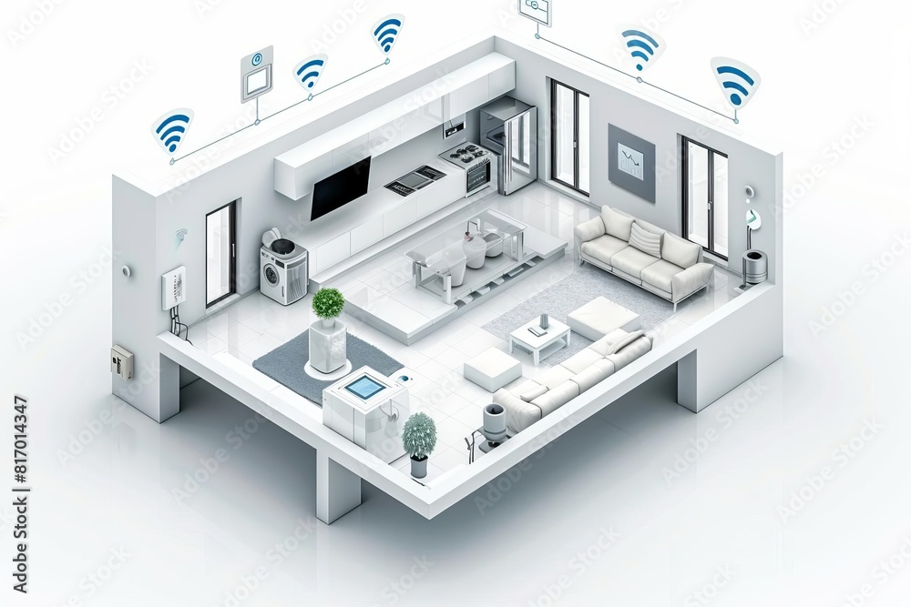 An illustration of a smart home filled with interconnected devices controlled by voice commands An illustration of a smart home filled with interconnected devices controlled by voice commands