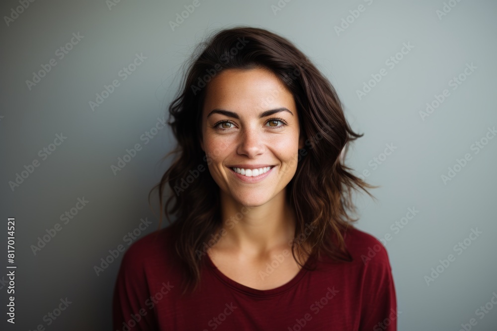 Portrait of a tender woman in her 30s smiling at the camera in minimalist or empty room background